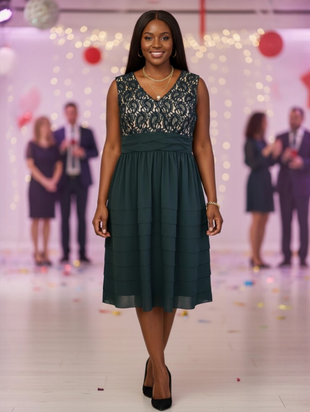Kim Rogers Sleeveless V-Neck Lace And Ruffle Black Cocktail Dress Size 18W NWOT